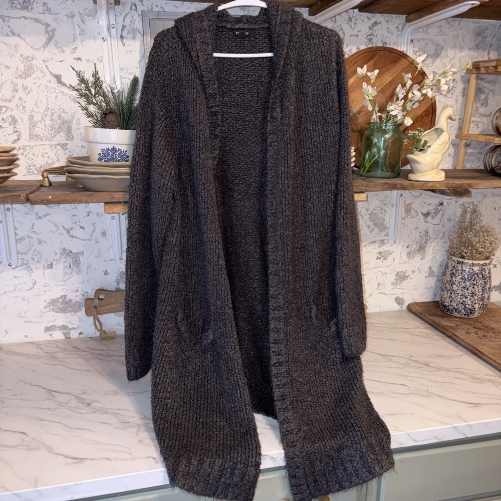 Wool Blend 2x Long Hooded Heavy Duster Knit Bohemian Cardigan Charcoal Gray
